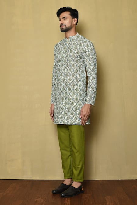 Arihant Rai Sinha_Multi Color Viscose Embroidery Mughal Pattern Kurta And Green Pant Set _at_Aza_Fashions