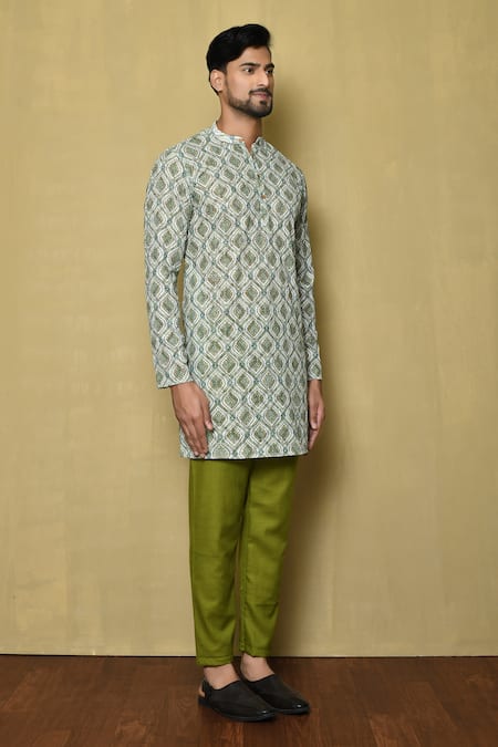 Buy_Arihant Rai Sinha_Multi Color Viscose Embroidery Mughal Pattern Kurta And Green Pant Set 