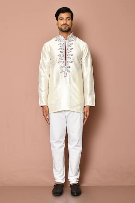 Arihant Rai Sinha_Cream Silk Embroidery Leaf Kurta _Online_at_Aza_Fashions