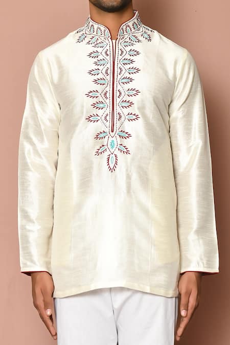 Buy_Arihant Rai Sinha_Cream Silk Embroidery Leaf Kurta _Online_at_Aza_Fashions
