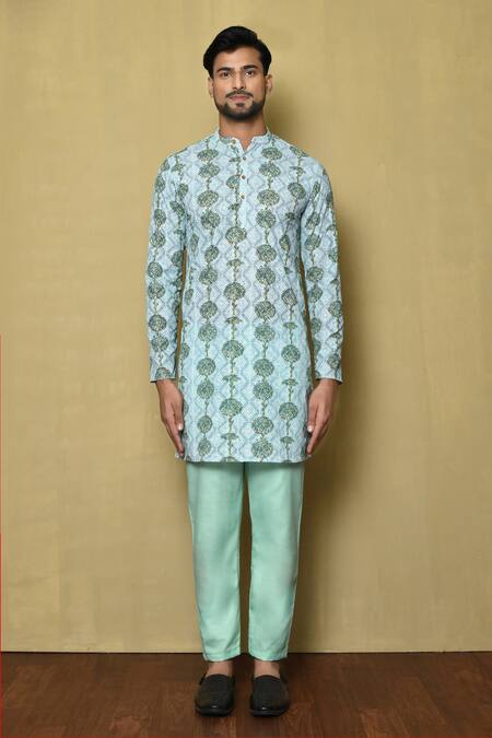 Samyukta Singhania Blue Viscose Chikankari Printed And Embroidered Tree & Thread Short Kurta Online at Aza Fashions Samyukta Singhania_Blue Viscose Chikankari Printed And Embroidered Tree & Thread Short Kurta_Online_at_Aza_Fashions