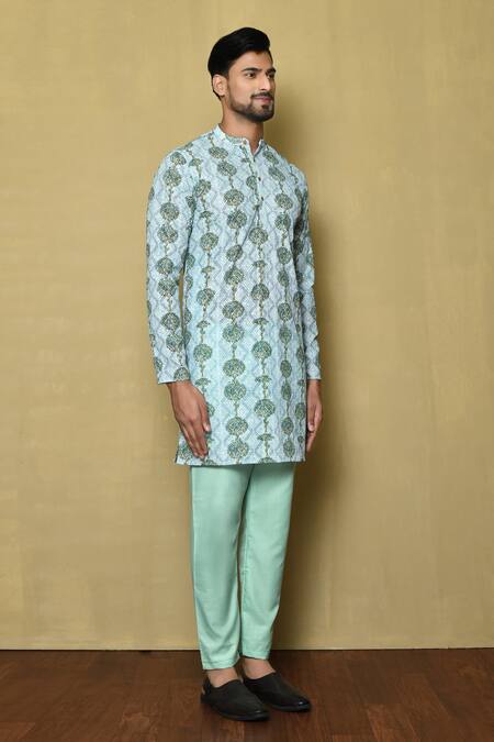 Shop Samyukta Singhania Blue Viscose Chikankari Printed And Embroidered Tree & Thread Short Kurta Online at Aza Fashions Shop_Samyukta Singhania_Blue Viscose Chikankari Printed And Embroidered Tree & Thread Short Kurta_Online_at_Aza_Fashions