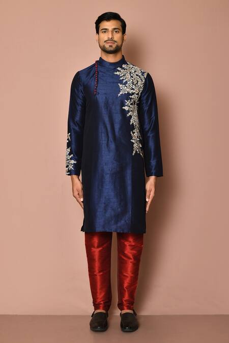 Buy_Arihant Rai Sinha_Blue Silk Embroidery Flower Kurta Set _Online_at_Aza_Fashions