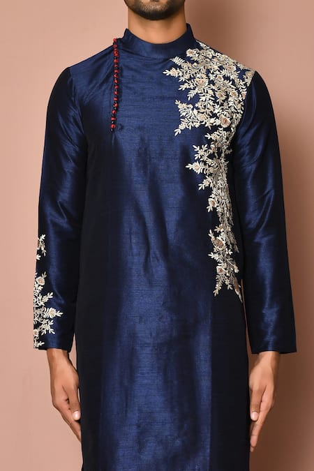 Shop_Arihant Rai Sinha_Blue Silk Embroidery Flower Kurta Set _Online_at_Aza_Fashions