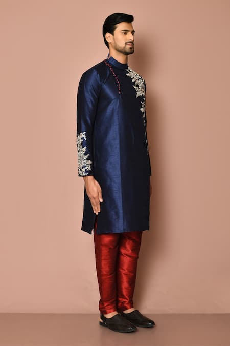 Arihant Rai Sinha_Blue Silk Embroidery Flower Kurta Set _at_Aza_Fashions