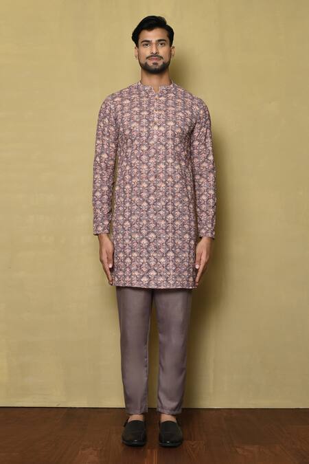 Samyukta Singhania Purple Viscose Chikankari Printed And Embroidered Botanical & Thread Kurta Online at Aza Fashions Samyukta Singhania_Purple Viscose Chikankari Printed And Embroidered Botanical & Thread Kurta_Online_at_Aza_Fashions