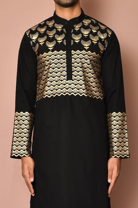 Shop_Samyukta Singhania_Black Cotton Embroidery Printed Kurta Set _Online_at_Aza_Fashions