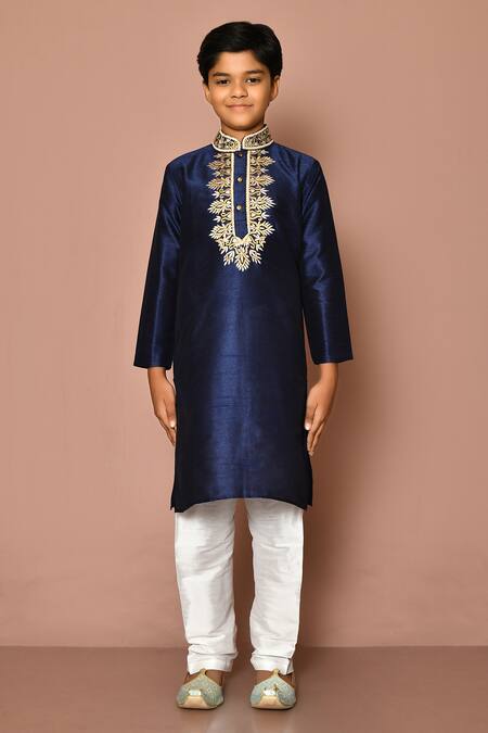 Buy_Petite Pomme_Blue Silk Embroidery Placket Straight Kurta Set_Online_at_Aza_Fashions