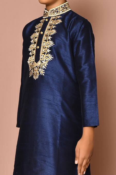 Shop_Petite Pomme_Blue Silk Embroidery Placket Straight Kurta Set_Online_at_Aza_Fashions