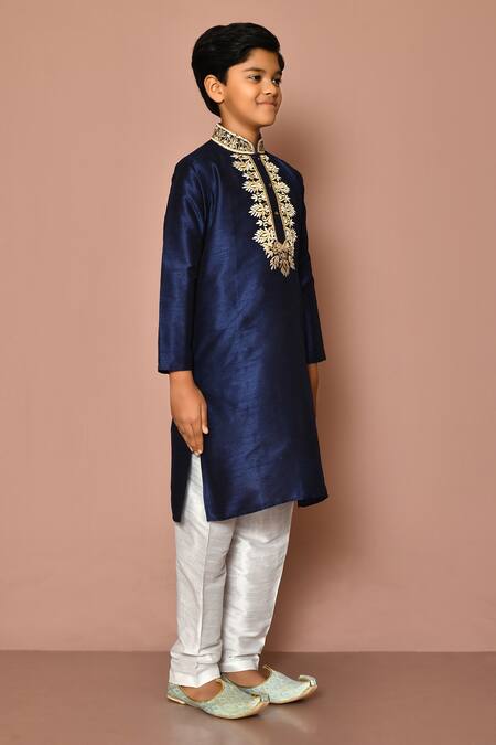 Petite Pomme_Blue Silk Embroidery Placket Straight Kurta Set_at_Aza_Fashions