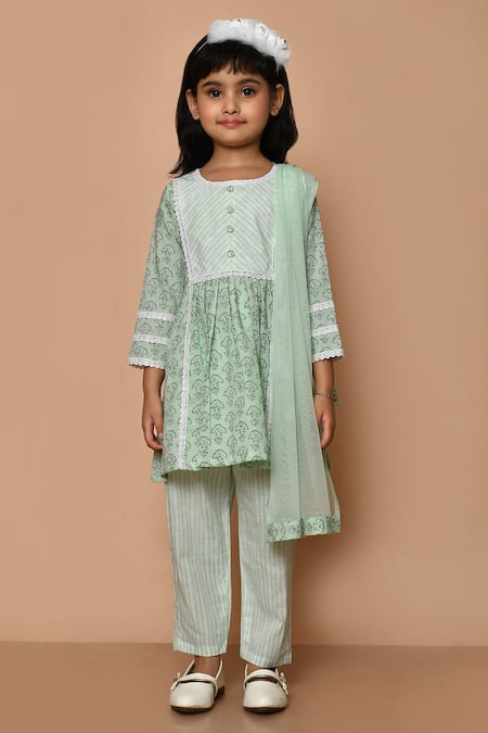 Shop_Pankhuri By Priyanka_Green Cotton, Chiffon Embroidery, Lace Printed Kurta Set _Online_at_Aza_Fashions