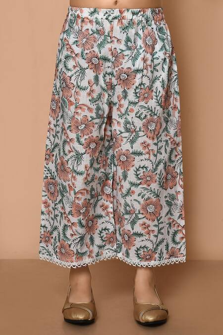 Pankhuri By Priyanka_White Cotton Lace Printed Peplum Top And Palazzo Set _Online_at_Aza_Fashions