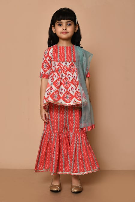 Shop_Pankhuri By Priyanka_Red Cotton, Chiffon Embroidery Patola Print Kurta Gharara Set _Online_at_Aza_Fashions