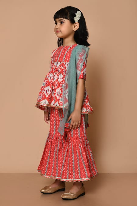 Buy_Pankhuri By Priyanka_Red Cotton, Chiffon Embroidery Patola Print Kurta Gharara Set 