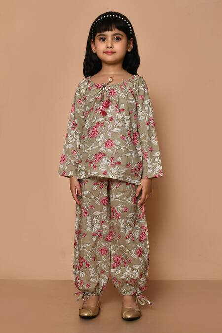 Shop_Pankhuri By Priyanka_Grey Cotton Embroidery Printed Top And Pant Set _Online_at_Aza_Fashions