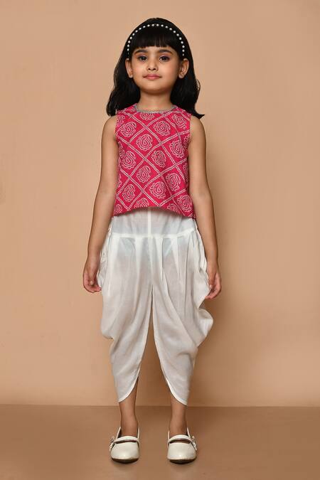 Buy_Pankhuri By Priyanka_Pink Cotton Gota Patti Printed Short Kurta And Dhoti Pant Set _Online_at_Aza_Fashions