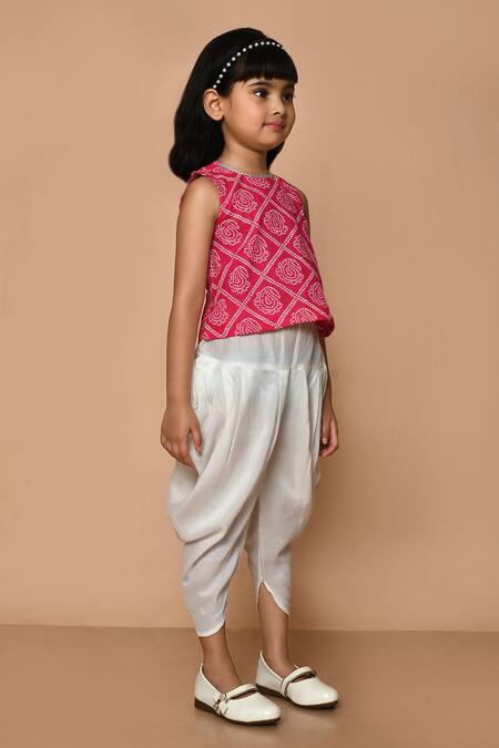 Shop_Pankhuri By Priyanka_Pink Cotton Gota Patti Printed Short Kurta And Dhoti Pant Set _Online_at_Aza_Fashions