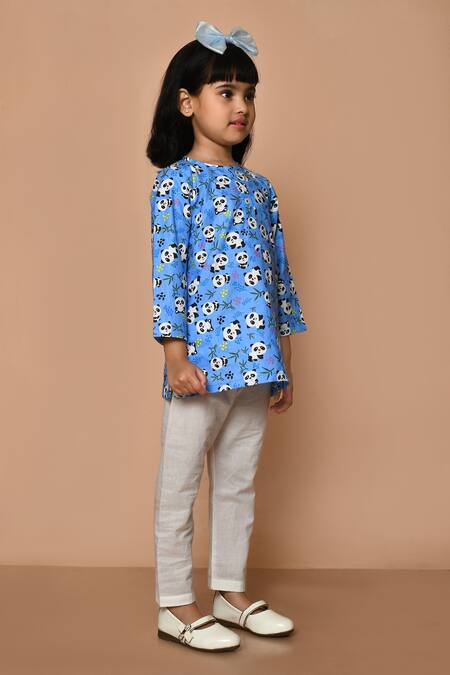 Pankhuri By Priyanka_Blue Cotton Panda Print Kurta And Pyjama Set _at_Aza_Fashions