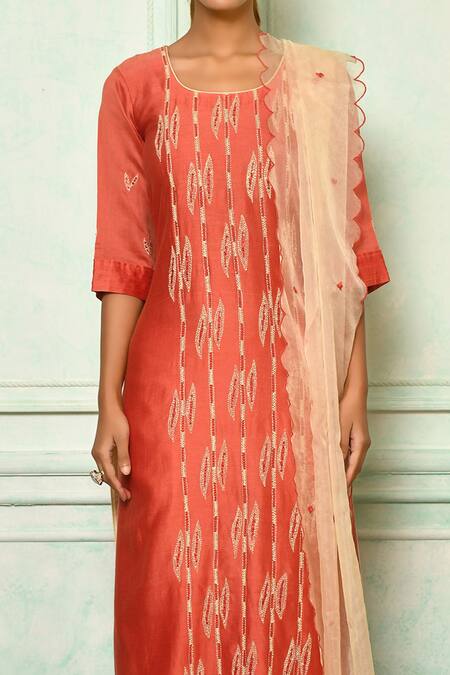 Aryavir Malhotra_Coral Kurta Silk Chanderi Embroidery Stripe Round Set_at_Aza_Fashions