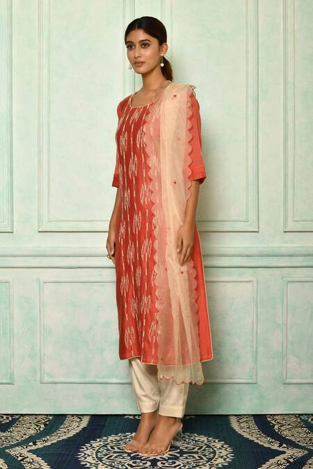 Shop_Aryavir Malhotra_Coral Kurta Silk Chanderi Embroidery Stripe Round Set_Online_at_Aza_Fashions