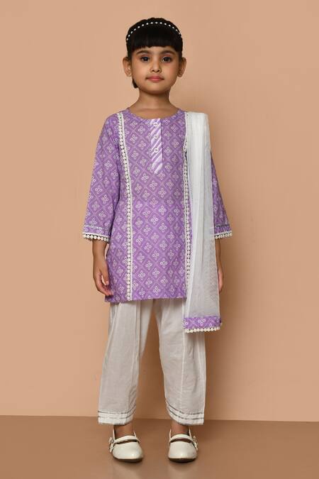 Shop_Pankhuri By Priyanka_Purple Cotton, Chiffon Lace Geometric Hand Block Print Kurta Set _Online_at_Aza_Fashions