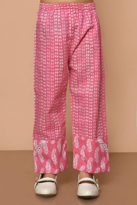 Pankhuri By Priyanka_Pink Cotton Lace, Tassels A-line Printed Kurta And Pant Set _Online_at_Aza_Fashions