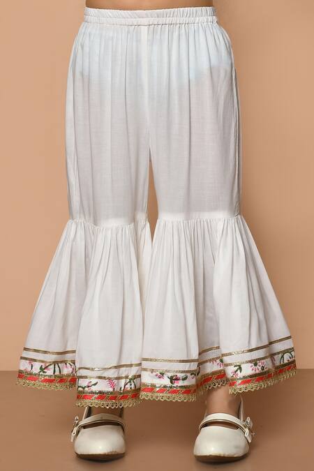 Buy_Pankhuri By Priyanka_White Modal, Cotton Embroidery, Lace, Gota Sleeveless Printed Kurta Gharara Set _Online_at_Aza_Fashions