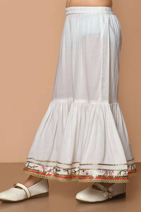 Shop_Pankhuri By Priyanka_White Modal, Cotton Embroidery, Lace, Gota Sleeveless Printed Kurta Gharara Set _Online_at_Aza_Fashions