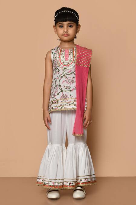Pankhuri By Priyanka_White Modal, Cotton Embroidery, Lace, Gota Sleeveless Printed Kurta Gharara Set _at_Aza_Fashions