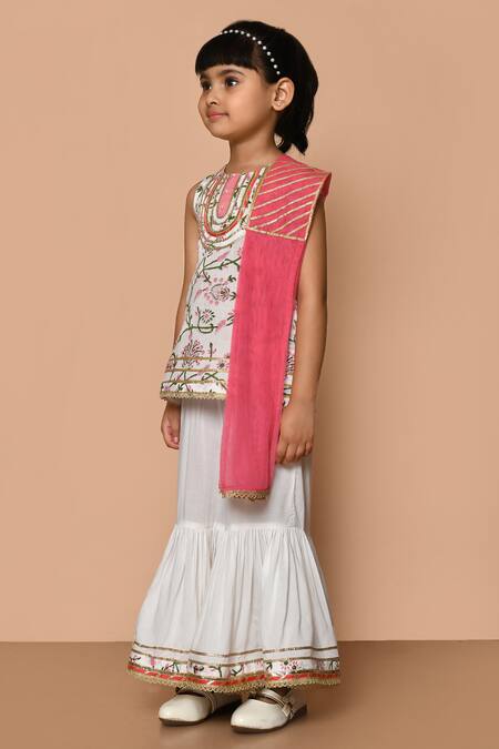 Buy_Pankhuri By Priyanka_White Modal, Cotton Embroidery, Lace, Gota Sleeveless Printed Kurta Gharara Set 