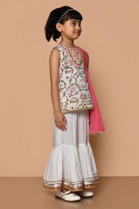 Shop_Pankhuri By Priyanka_White Modal, Cotton Embroidery, Lace, Gota Sleeveless Printed Kurta Gharara Set 