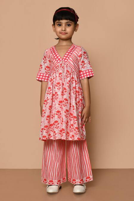 Shop_Pankhuri By Priyanka_Red Cotton Embroidery Floral Print Anarkali And Palazzo Set _Online_at_Aza_Fashions