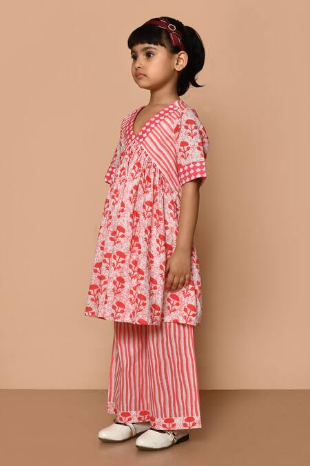 Pankhuri By Priyanka_Red Cotton Embroidery Floral Print Anarkali And Palazzo Set _at_Aza_Fashions