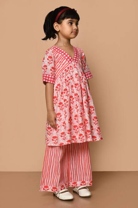 Buy_Pankhuri By Priyanka_Red Cotton Embroidery Floral Print Anarkali And Palazzo Set 