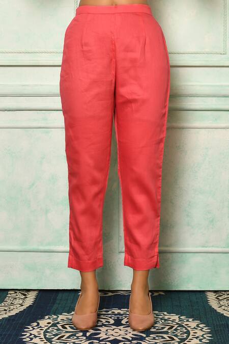 Buy Aryavir Malhotra Coral Kurta Silk Chanderi Embroidery Mandarin Collar Straight Set Online at Aza Fashions Buy_Aryavir Malhotra_Coral Kurta Silk Chanderi Embroidery Mandarin Collar Straight Set_Online_at_Aza_Fashions