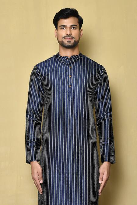 Naintara Bajaj Blue Jacquard Silk Stripe Pattern Kurta Online at Aza Fashions Naintara Bajaj_Blue Jacquard Silk Stripe Pattern Kurta _Online_at_Aza_Fashions