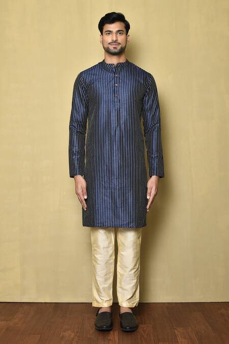 Buy_Naintara Bajaj_Blue Jacquard Silk Stripe Pattern Kurta _Online_at_Aza_Fashions