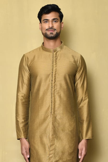 Buy_Arihant Rai Sinha_Gold Cotton, Silk Mandarin Collar Kurta Set _Online_at_Aza_Fashions
