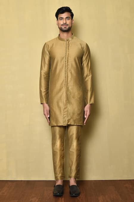 Shop_Arihant Rai Sinha_Gold Cotton, Silk Mandarin Collar Kurta Set _Online_at_Aza_Fashions