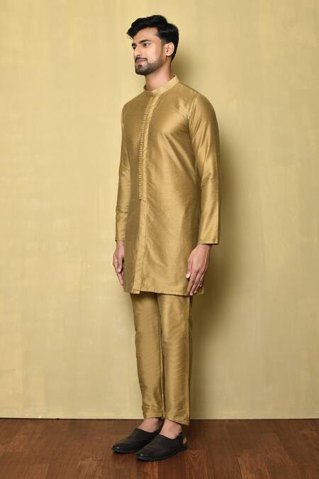 Arihant Rai Sinha_Gold Cotton, Silk Mandarin Collar Kurta Set _at_Aza_Fashions