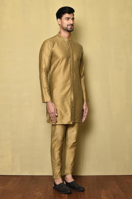 Buy_Arihant Rai Sinha_Gold Cotton, Silk Mandarin Collar Kurta Set 