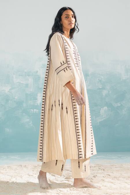 Shop_Ikai By Ragini Ahuja_Beige Cotton, Silk, Chanderi Applique Split V-neck Nile Tribal A-line Kurta_Online_at_Aza_Fashions