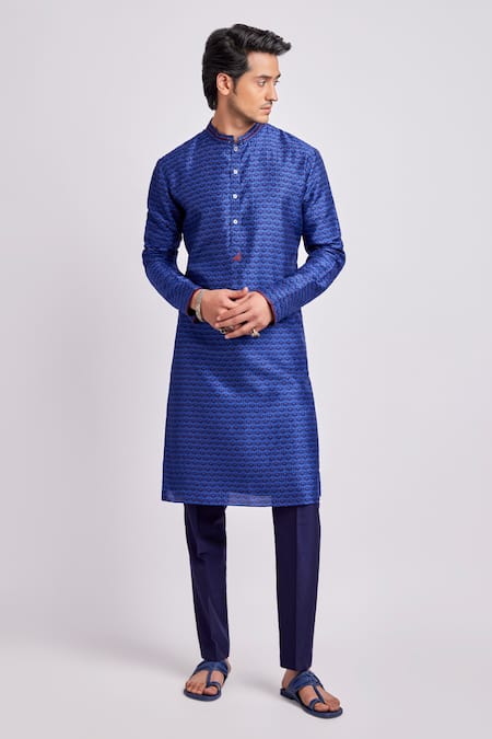 Buy Bubber Couture Blue Silk, Cotton Embroidery Alek Griffin Print Kurta Set Online at Aza Fashions Buy_Bubber Couture_Blue Silk, Cotton Embroidery Alek Griffin Print Kurta Set _Online_at_Aza_Fashions