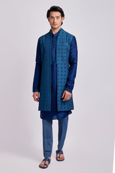 Shop_Bubber Couture_Blue Silk Embroidery Alexander Geometric Sherwani Jacket _Online_at_Aza_Fashions