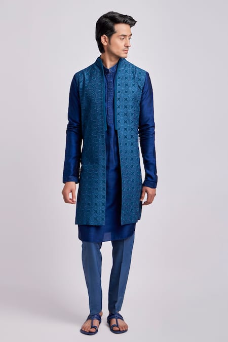 Bubber Couture_Blue Silk Embroidery Alexander Geometric Sherwani Jacket _at_Aza_Fashions