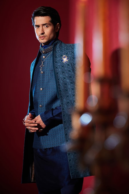 Bubber Couture_Blue Silk Embroidery Alexander Geometric Sherwani Jacket _Online_at_Aza_Fashions