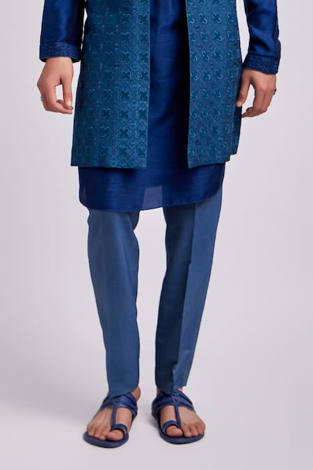 Buy_Bubber Couture_Blue Silk Embroidery Alexander Geometric Sherwani Jacket _Online_at_Aza_Fashions