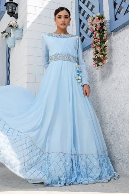 Shop_Tamaraa By Tahani_Blue Georgette Embroidery Sequin Boat Neck Crystal Waistband Draped Gown _Online_at_Aza_Fashions