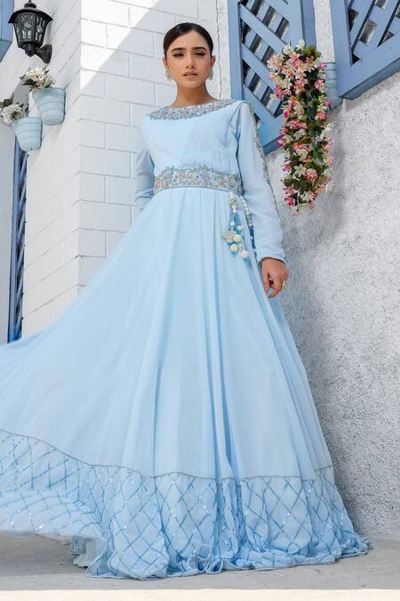 Tamaraa By Tahani_Blue Georgette Embroidery Sequin Boat Neck Crystal Waistband Draped Gown _at_Aza_Fashions