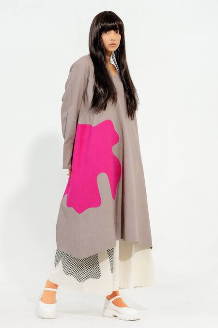 Shop_Stoique_Grey Cotton Applique V-neck Cinnamon Work Asymmetric Hem Tunic _Online_at_Aza_Fashions